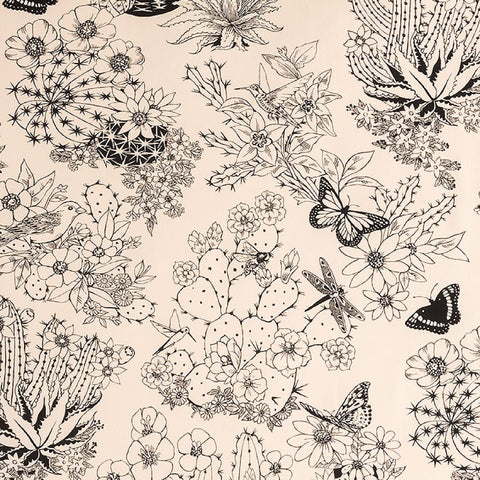 cream cotton fabric with desert cactus flowers hummingbird butterfly design