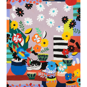 multi color cotton fabric with sleeping cat and flowers