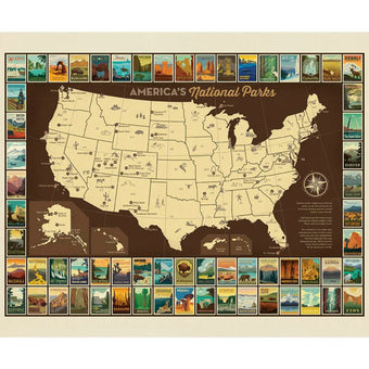 National Parks USA Map Poster PANEL in Brown
