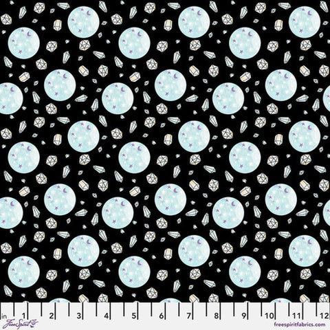 black cotton fabric with full moon and crystals glow in the dark halloween mystic