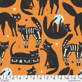 orange cotton fabric with black cats glow in the dark halloween