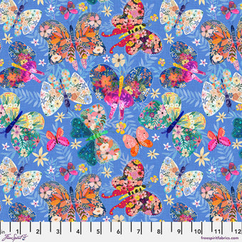 blue cotton fabric with multicolor floral butterflies