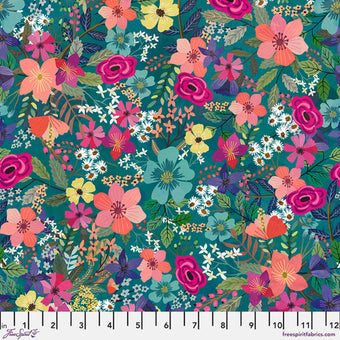 emerald green cotton fabric with garden of flowers