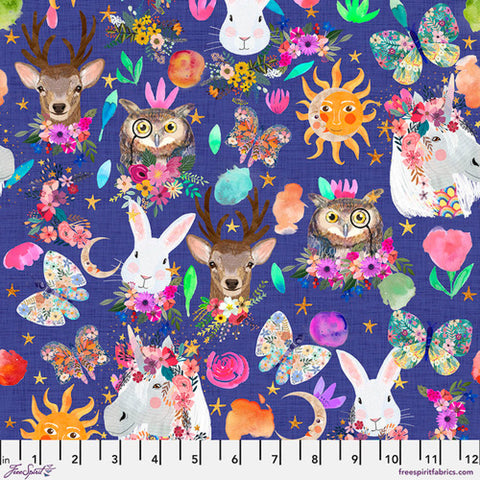 violet cotton fabric with unicorn, bunny, deer, owl, sunshine, butterfly, moon and flowers