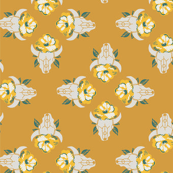 mustard yellow cotton fabric with bull skull antlers floral