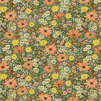 cotton fabric with autumn flowers in orange, green, yellow daisy