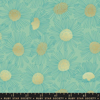 mint green cotton fabric with gold metallic daisy design