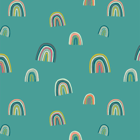 teal cotton fabric with hand drawn rainbows