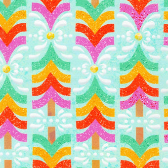 cotton fabric with turquoise background and multi color rainbow christmas trees