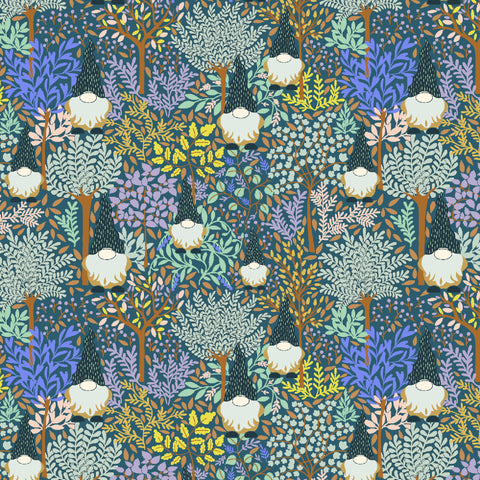 cotton fabric with gnomes and trees in a woodland forest