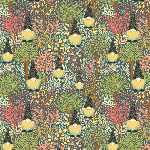 cotton fabric with gnomes and trees in a woodland forest