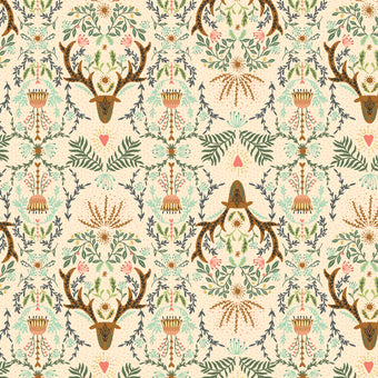 cream cotton fabric with deer buck bust with antlers