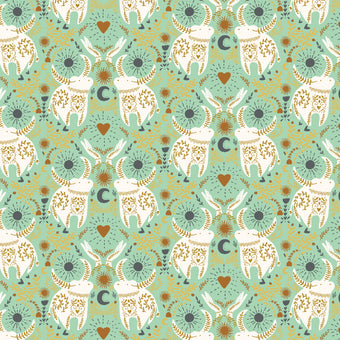 seafoam green cotton fabric with bull ox print with gold metallic details