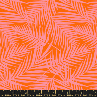orange cotton fabric with pink palm fronds