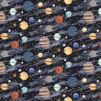 navy blue cotton fabric with multi color planets, sky outer space stars