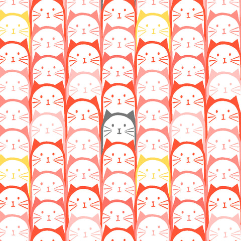 cotton fabric with orange coral retro cat faces
