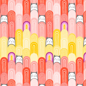 coral and yellow cotton fabric with cat faces and rainbows