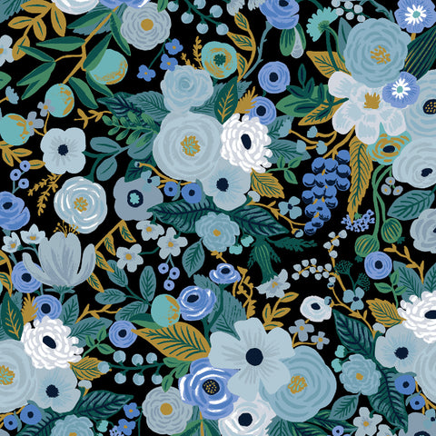 navy blue cotton fabric with blue flowers