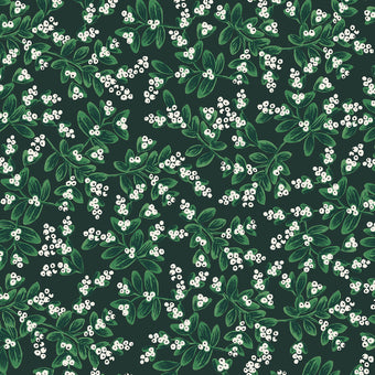 dark green cotton fabric with green and white mistletoe holly design