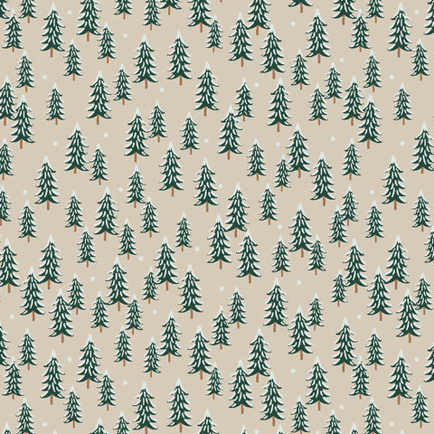 beige cotton fabric with christmas trees and snow in the forest