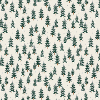 cream cotton fabric with a forest of evergreen christmas trees and silver metallic snow