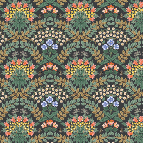 black cotton fabric with green leaves and orange and yellow flowers.  Bramble Rifle Paper Co.
