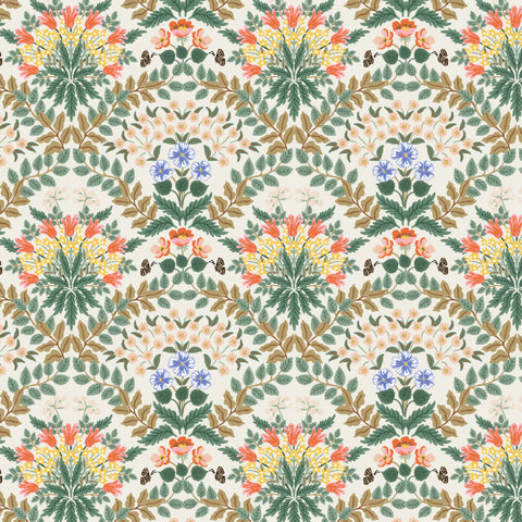 cream cotton fabric with green leaves and orange and yellow flowers.  Bramble by Rifle Paper Co.