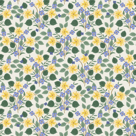 cream cotton fabric with yellow and blue pansy design.  Bramble by Rifle Paper Co. 