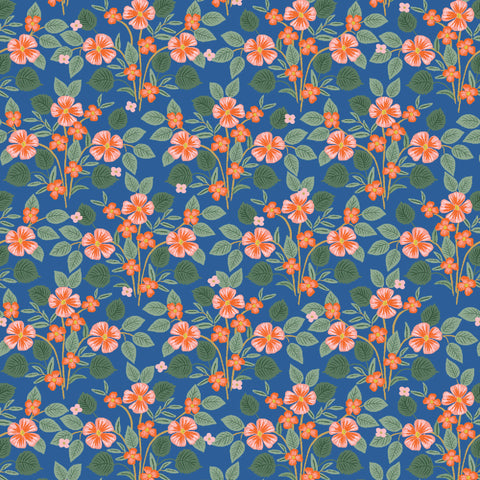 navy blue cotton fabric with coral orange pansy design.  Bramble by Rifle Paper Co.