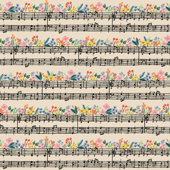 cream cotton fabric with sheet music notes and wild flowers.  Bramble by Rifle Paper Co.