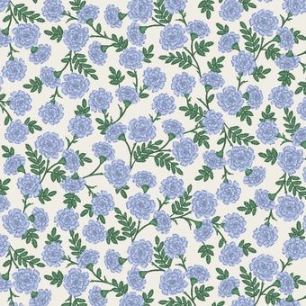 cream cotton fabric with blue flowers.  Bramble by Rifle Paper Co.