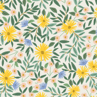 cream cotton linen canvas with yellow and blue daisy design.