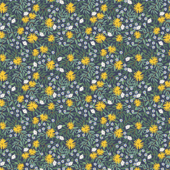 navy blue cotton fabric with yellow daisy design.  Bramble by Rifle Paper Co.