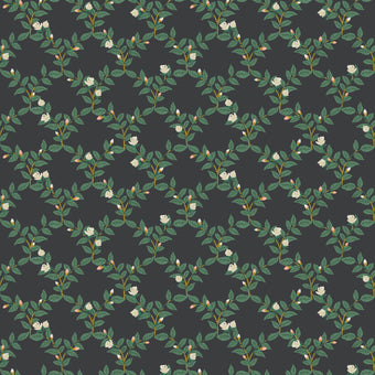 black cotton fabric with white roses and gold metallic detail.  Bramble by Rifle Paper Co.