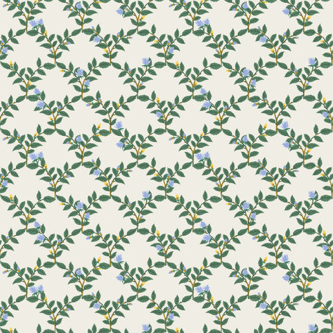 cream cotton fabric with blue roses and gold detail.  Bramble by Rifle Paper Co.